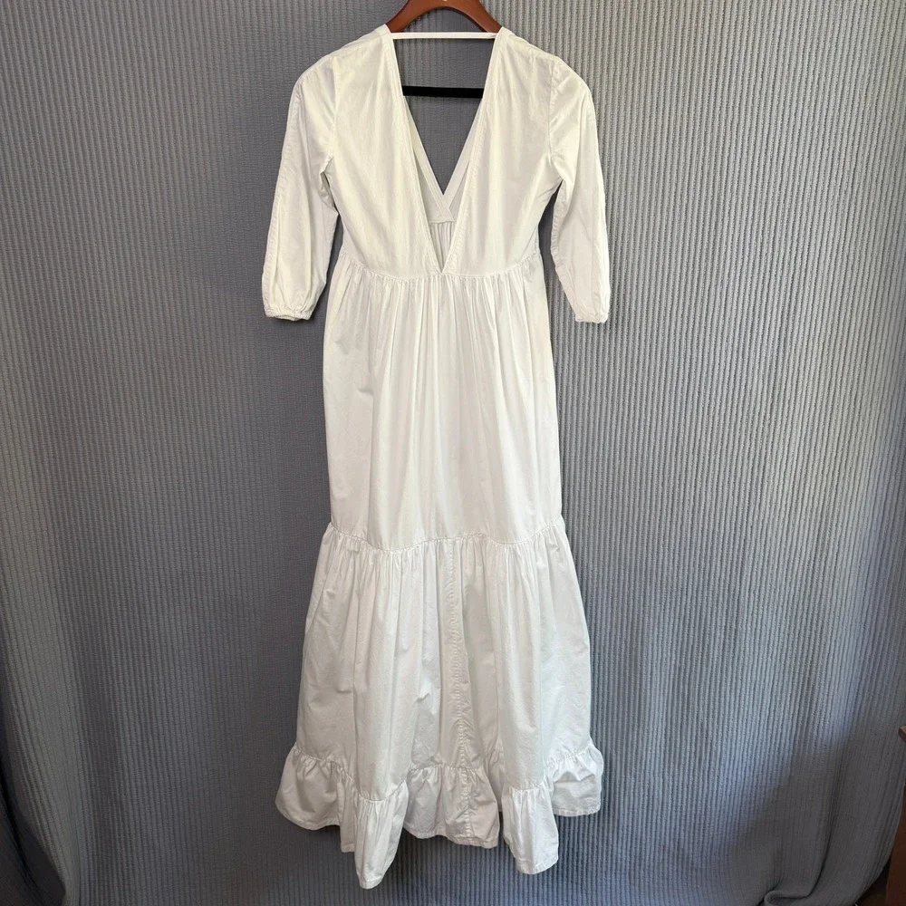 $785 KALITA Cotton Tiered V-Neck Maxi Dress White XS Mended European Summer - Picture 2 of 8